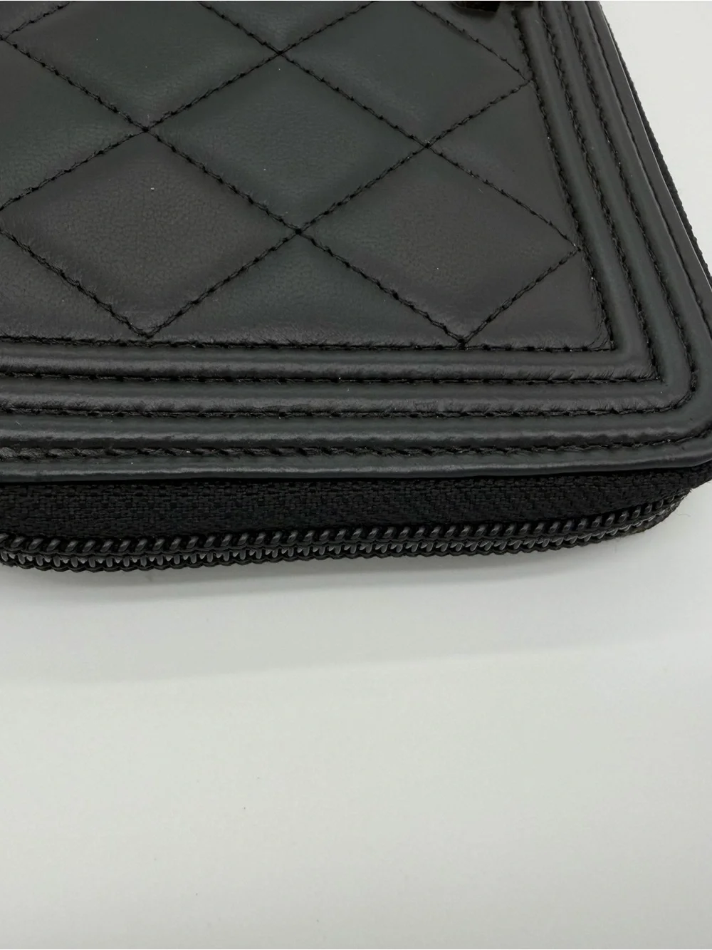 CHANEL Black Quilted Zip-Around Wallet with Silver CC Lock